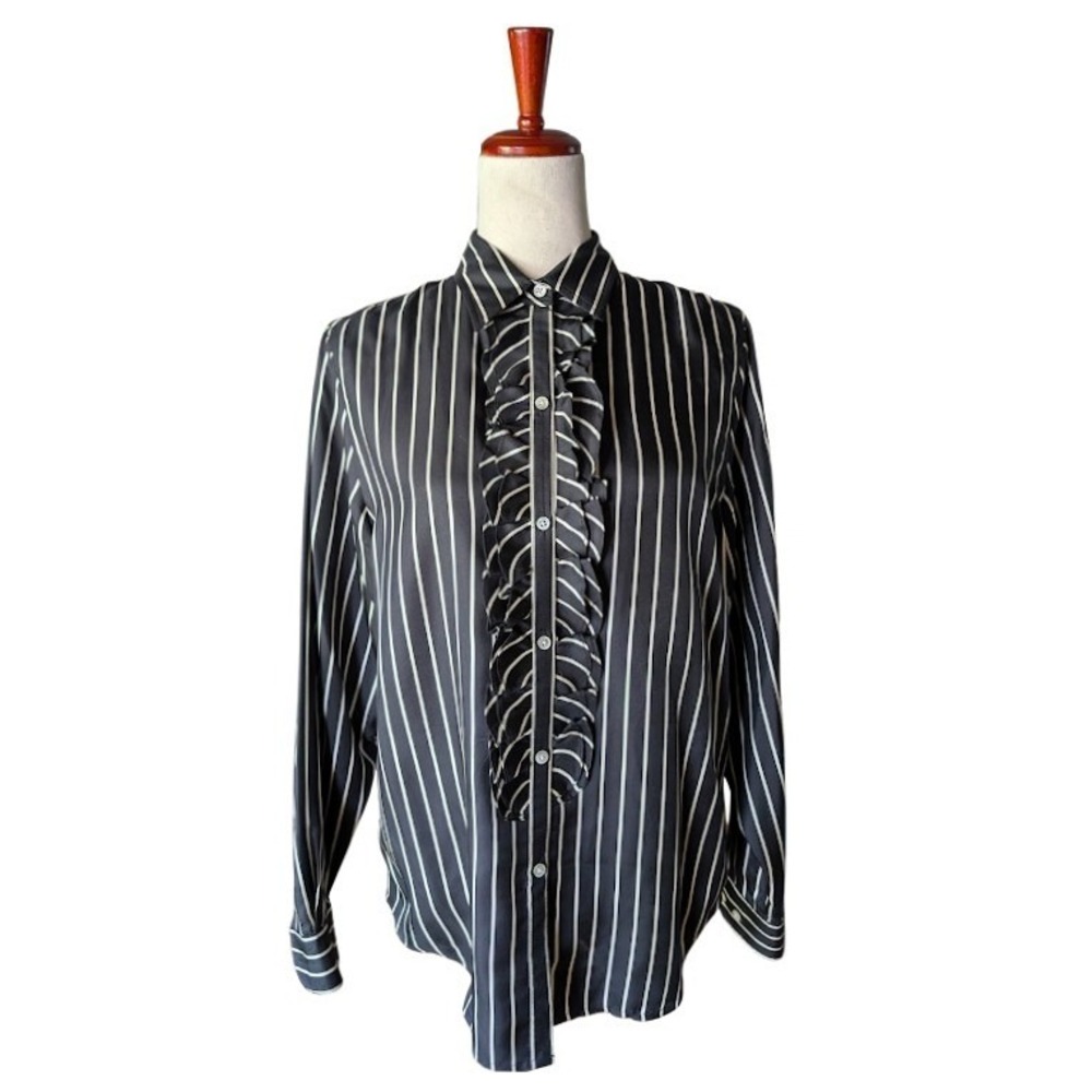Lauren Ralph Lauren Silk Ruffle Front Striped Blouse Black White Womens Medium